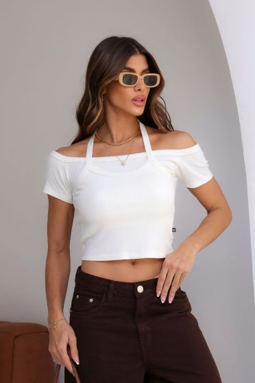Blusa Ombro A Ombro Com Recorte Frente Feminino Revanche Iêmen OFF WHITE