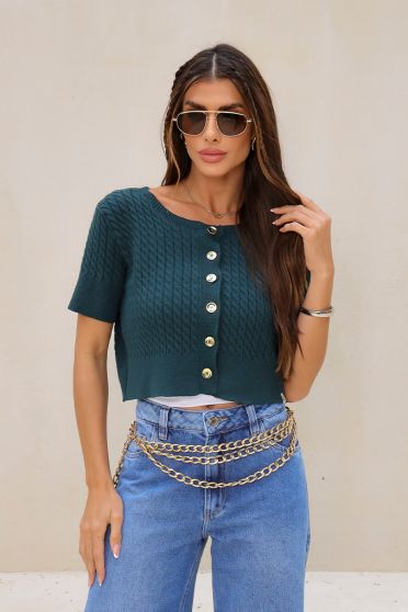 Blusa Tricot Cropped  Com Botões Feminina Revanche Antipirgo VERDE