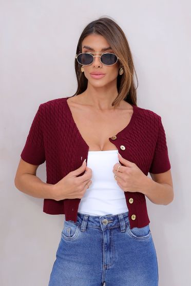 Blusa Tricot Cropped  Com Botões Feminina Revanche Antipirgo VINHO