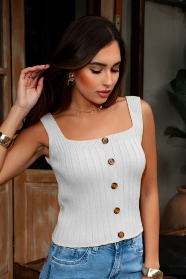 Blusa Tricot Decote Quadrado Com Botão Feminina Revanche Aisne BRANCO