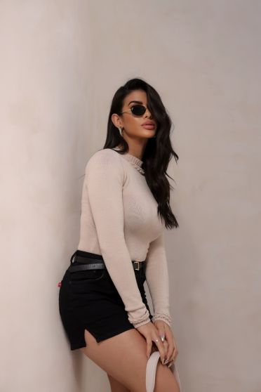 Blusa Tricot Gola Alta Detalhe Trançado Feminina Revanche Prusa BEGE