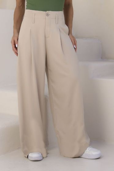 Calça Pantalona Com Prega Bolso Embutido Feminino Revanche Latina AREIA