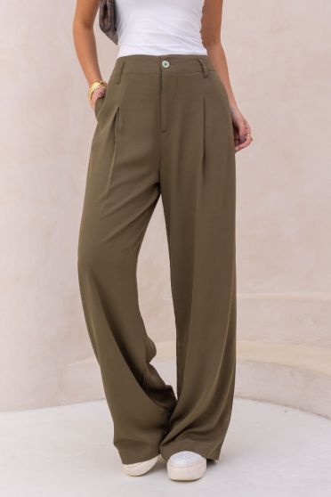 Calça Pantalona Com Prega Bolso Embutido Feminino Revanche Latina VERDE MUSGO