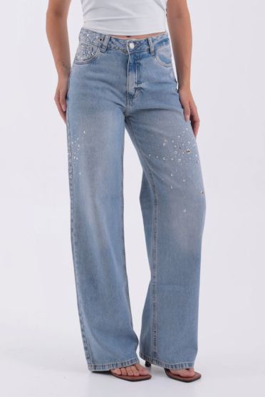 Calça Jeans Wide Leg Com Pedraria Feminina Revanche Intercácia UNICA