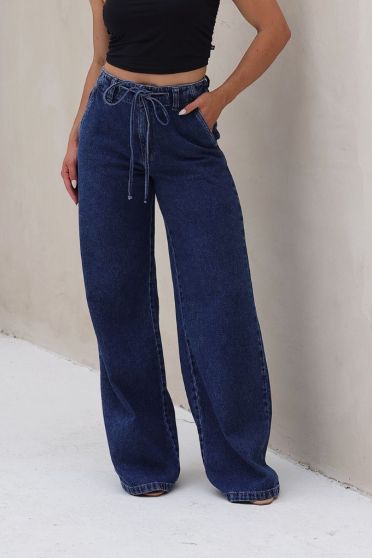 Cal&ccedil;a Jeans Wide Leg C&oacute;s Com Elastico e Cord&atilde;o Feminino Revanche Alb&oacute;cela UNICA