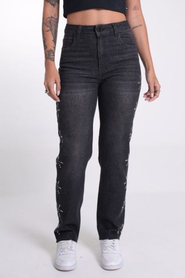 Calça Jeans Mom Com Pedraria e Barra A Fio Feminino Revanche Tobago UNICA