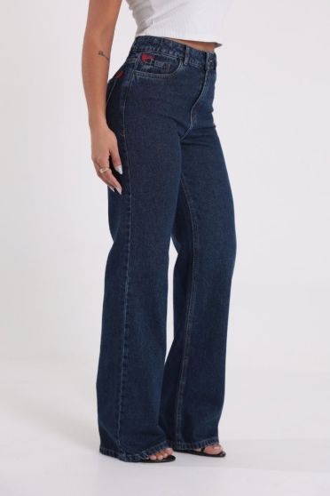 Cal&ccedil;a Reta Jeans Feminina Com Bordado Cora&ccedil;&atilde;o Revanche-CA.FEM.00599 AZUL