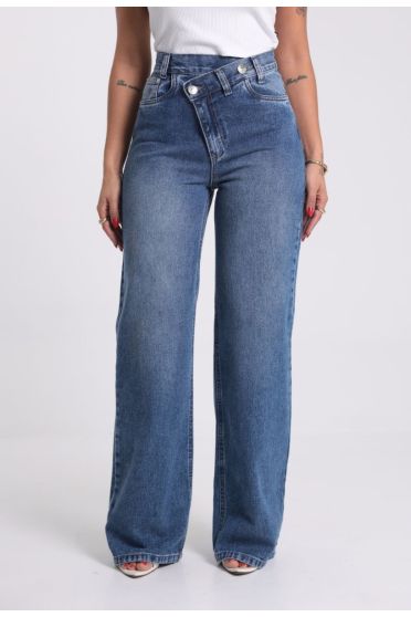 Calça Jeans Wide Leg Frente Transversal Revanche CA.FEM.00614 AZUL