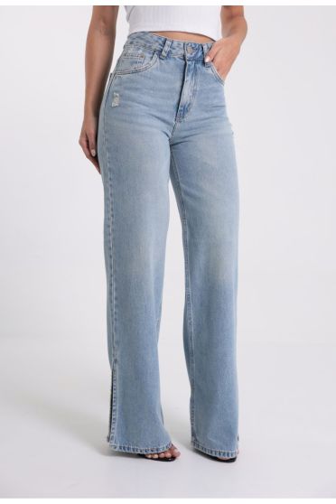 Cal&ccedil;a Jeans Wide Leg Com Abertura Lateral - CA.FEM.00620 AZUL