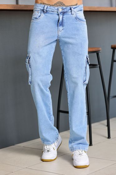 Calça Jeans Baggy Cargo Com Elástano Masculina Revanche Codó Azul