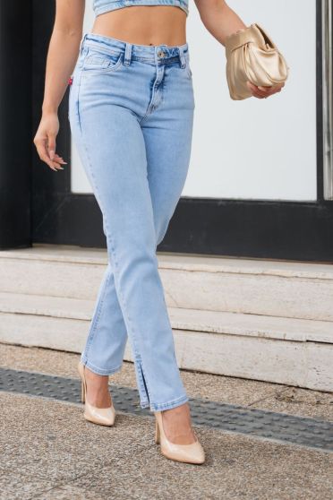 Calça Jeans Cigarrete Com Abertura Lateral Feminina Revanche Cornwall Azul