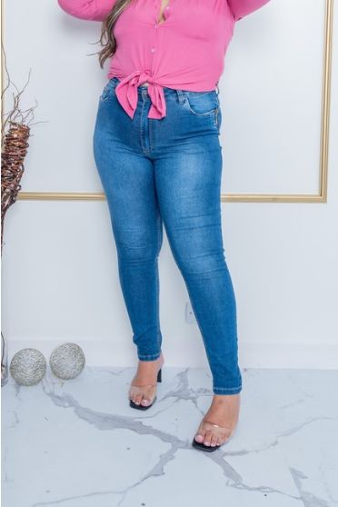 Calça Jeans Cigarrete Empina Bumbum Com Zíper Lateral Plus Size Feminina Revanche Tiekene Azul