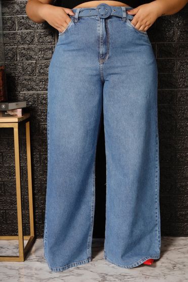 Calça Jeans Pantalona Com Cinto Curvy Feminina Revanche Esgaroth Azul