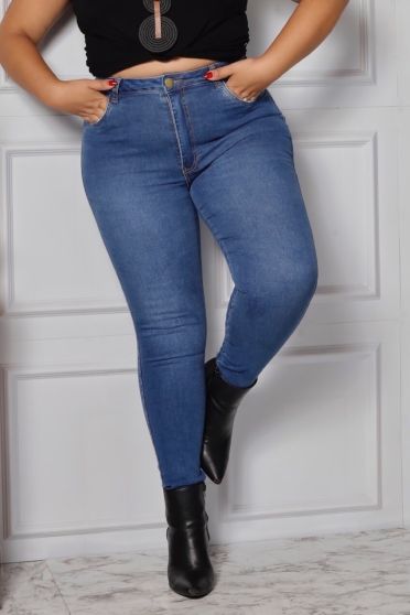 Calça Jeans Skinny Com Bolso Embutido Curvy Feminina Revanche Decani Azul