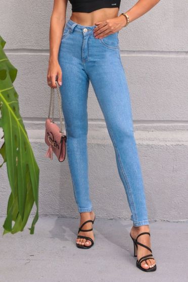 Calça Jeans Skinny Resinada Com Glitter Feminina Revanche Astorga Azul