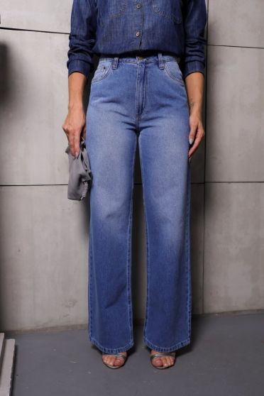 Calça Jeans Wide Leg Barra Normal Feminina Revanche Florínea Azul