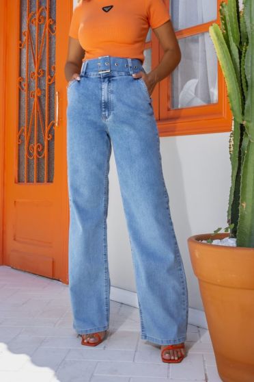 Calça Jeans Wide Leg Com Cinto Feminina Revanche Mityana Azul