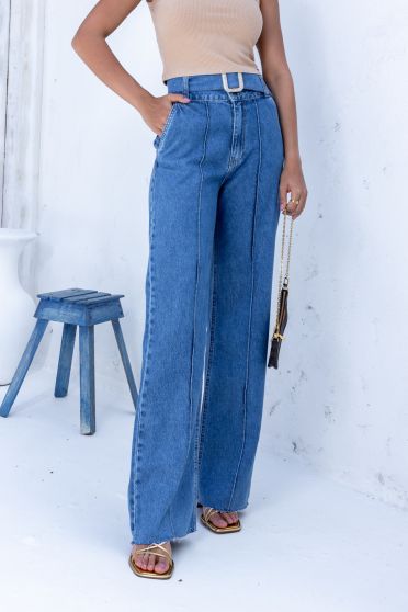 Calça Jeans Wide Leg Com Frizo e Cinto Fivela Feminina Revanche Dagana Azul