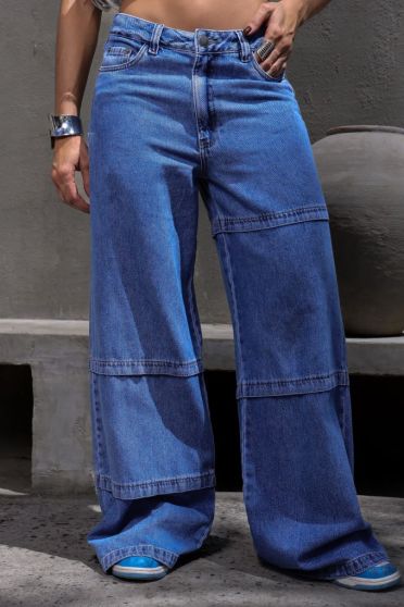Calça Jeans Wide Leg Com Recortes Feminina Revanche Víllora Azul