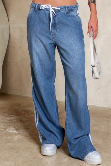 Calça Jeans Wide Leg Dual Stripe Feminina Revanche Beizama Azul