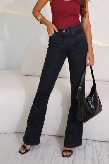 Calça Jeans Flare Cós Com Elastico Personalizado Feminino Revanche Anasarta Azul
