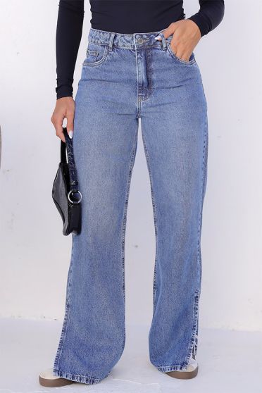 Calça Jeans Wide Leg Abertura Lateral Feminina Revanche Esérnia