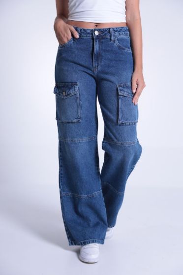 Calça Jeans Wide Leg Bolso Cargo Com Recorte Feminino Revanche Mônaco UNICA