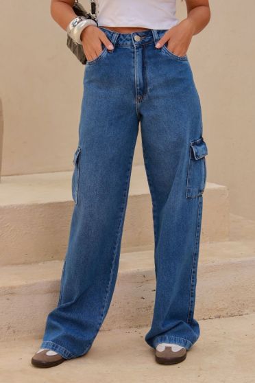 Calça Jeans Wide Leg Bolso Cargo Lateral Feminina Revanche Croas UNICA