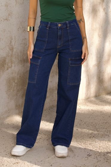 Calça Jeans Wide Leg Bolsos Chapado Feminino Revanche Mesembria UNICA