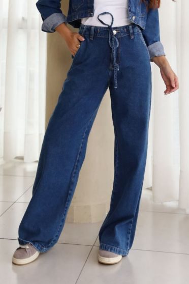 Calça Jeans Wide Leg Cós Com Elastico e Cordão Feminino Revanche Vipasca UNICA