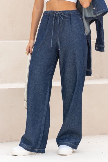 Calça Jeans Wide Leg Com Cordão e Bolso Embutido Feminino Revanche Meninx UNICA