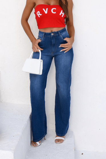 Calça Jeans Wide Leg Com Elastano Feminino Revanche Lleida Azul