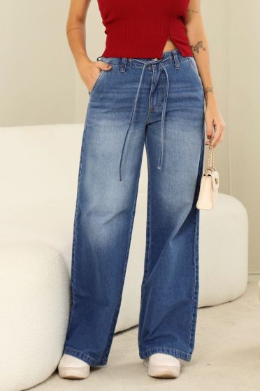 Calça Jeans Wide Leg Com Elastico e Cordão Feminina Revanche Gangra UNICA