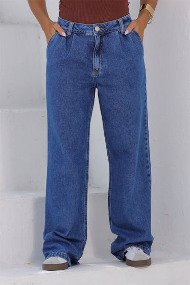 Calça Jeans Wide Leg Com Pregas Bolso Faca Feminina Revanche Latópolis Azul