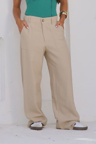Calça Wide Leg Bolso Sobreposto Feminina Revanche Minia AREIA