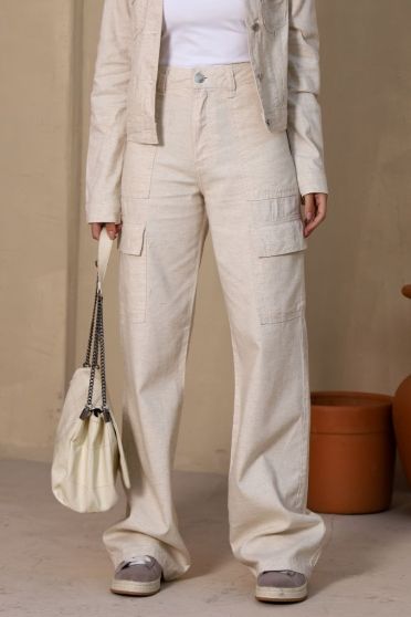 Calça Wide Leg Linho Bolso Cargo Feminina Revanche Sicília UNICA