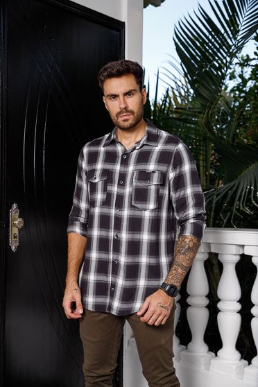 Camisa Xadrez Manga Longa Masculina Revanche Bohicon PRETO