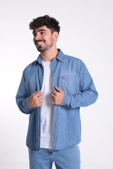 Camisa Jeans Bordada Com Bolso Masculina Revanche Cartago