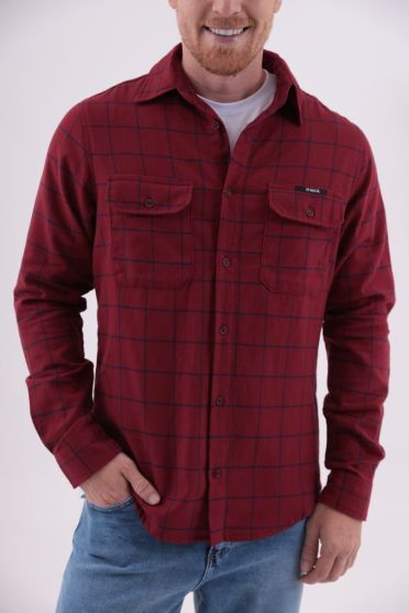 Camisa Xadrez Manga Longa Bolsos Com Lapela Masculino Revanche Tuvalu VINHO