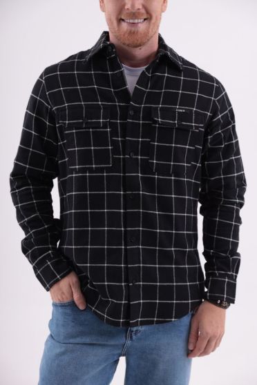 Camisa Xadrez Manga Longa Bolsos Com Lapela Masculino Revanche Tuvalu PRETO