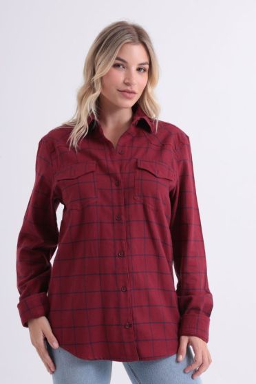 Camisa Xadrez Manga Longa Bolsos Com Lapelas Feminino Revanche Azerbaijão VINHO