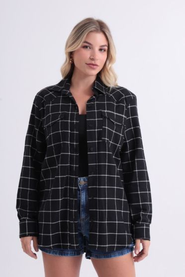 Camisa Xadrez Manga Longa Bolsos Com Lapelas Feminino Revanche Azerbaijão PRETO