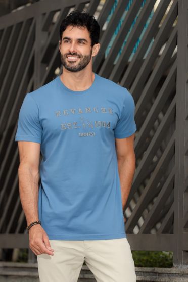 Camiseta Básica Bordada Masculino Revanche Tenes AZUL MEDIO