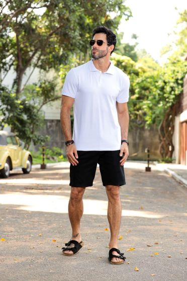 Camiseta Polo Bordado Com Elastano Masculino Revanche Durazno BRANCO