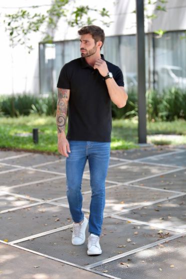 Camiseta Polo Bordado Com Elastano Masculino Revanche Durazno PRETO