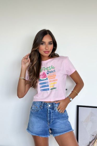 Camiseta Cropped Estampada Feminina Revanche Vilches ROSA BEBE