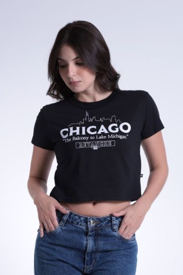 Camiseta Cropped Estampada Gola A Fio Feminino Revanche Birmânia PRETO
