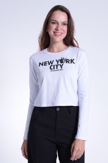Camiseta Cropped Manga Longa Gola A Fio Feminino Revanche Abecásia BRANCO