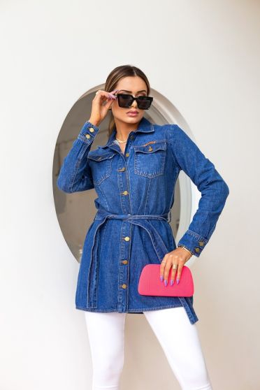Casaco Jeans Com Recortes E Cinto Feminina Revanche Elvira Azul