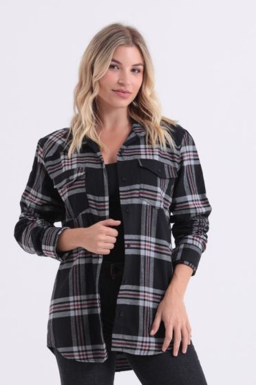 Camisa Xadrez Bolsos Com Lapelas Feminino Revanche Índia PRETO